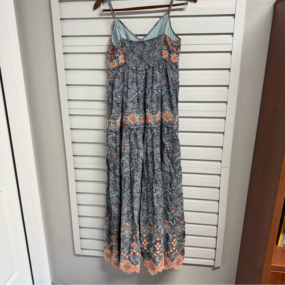 Anthropologie Blue and Orange Ruched Tiered Sundress